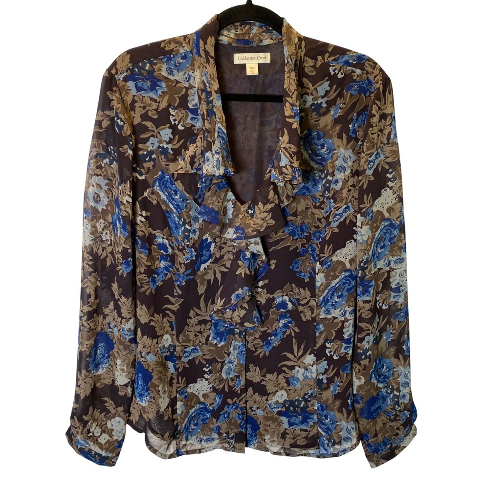 Coldwater Creek Blouse Women XL Brown Blue Floral Ruffle Neck Pleated Chiffon